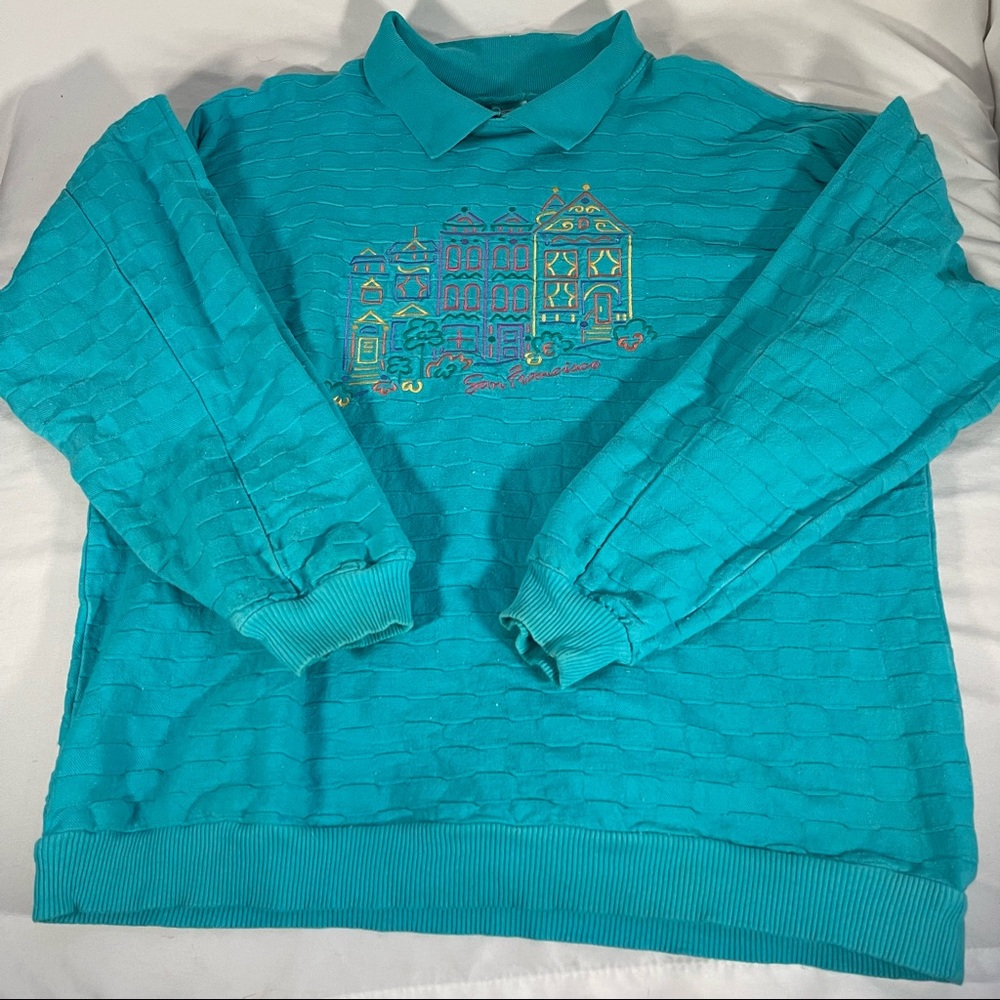 Crazy Shirts Hawaii Long Sleeve Polo Sweater Quilted 80s 90s Teal Blue XL Womens